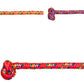 Three colorful braided jump ropes with knoted ball handles in orange, purple, and red color variations on white background