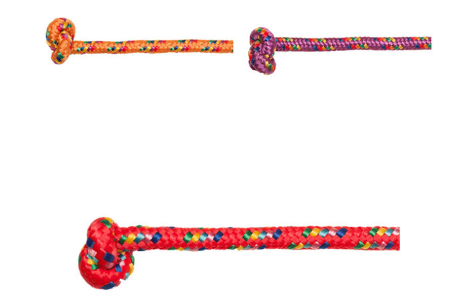 Three colorful braided jump ropes with knoted ball handles in orange, purple, and red color variations on white background