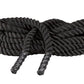 Black twisted battle rope with textured grip handles on white background