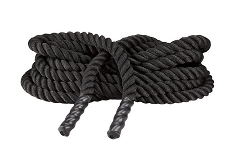 Black twisted battle rope with textured grip handles on white background
