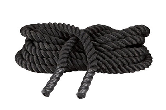 Black twisted battle rope with textured grip handles on white background