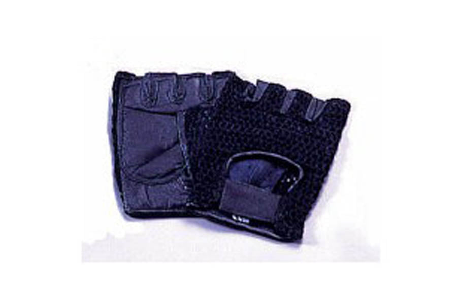 Warrior black leather mesh fingerless gloves with padded palm, flat lay on white background
