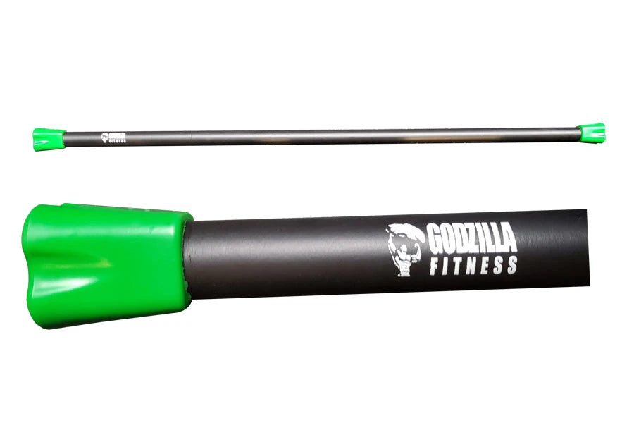 Warrior Body Bar 10lb with black shaft and bright green end caps, shown from two angles on white background
