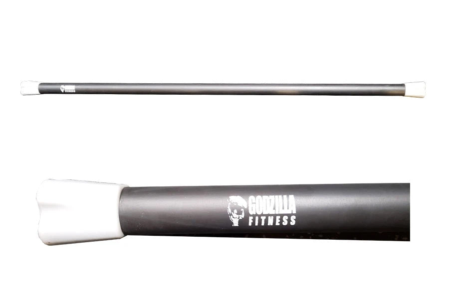 Black steel body bar with white end caps, 15lb Warrior Fitness, shown from two angles on white background