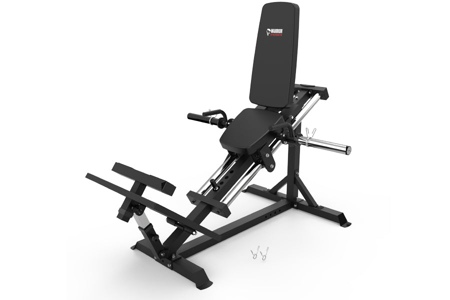 Black leg press machine with padded seat and backrest, chrome frame, and foot platform, shown on white background