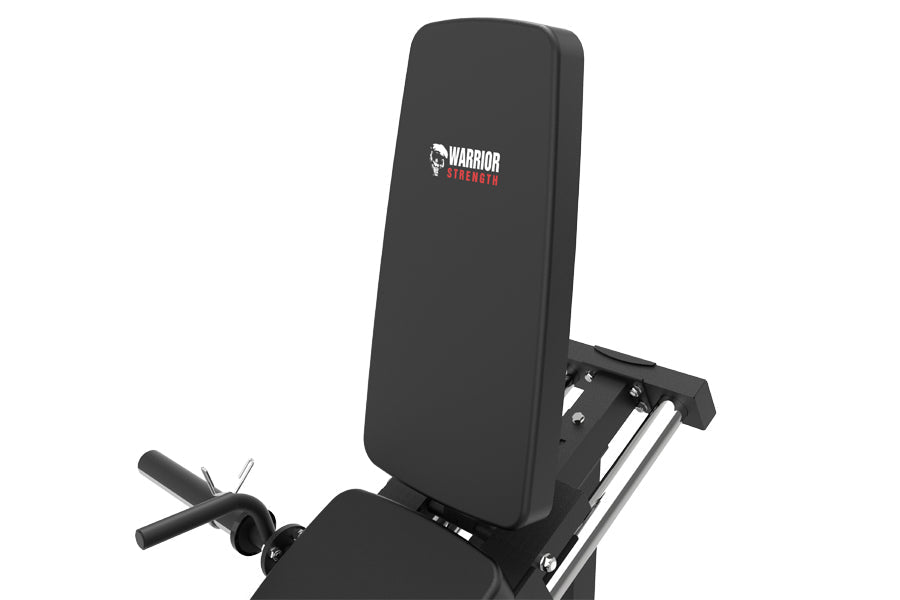 Black Warrior Strength leg press machine with padded seat and backrest on white background
