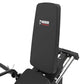 Black padded weight bench with adjustable backrest and Warrior Strength branding, featuring leg press footplate and metal fra