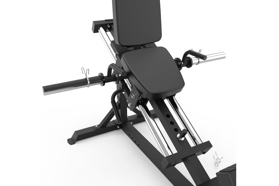 Warrior CPL100 compact leg press with black padded seat and footrest, silver metal frame, on white background