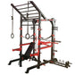 Black and red home gym cage rig with pull-up bars, weight bench, and multiple attachment points on white background