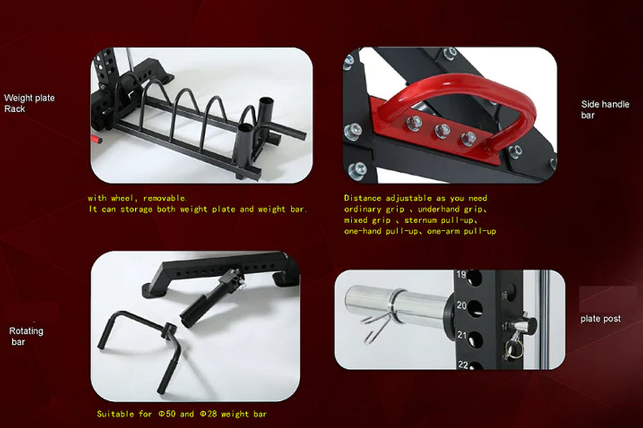 Warrior Cage/Rig Combo showing weight plate rack, red side handle bar, rotating bar, and plate post components on maroon back