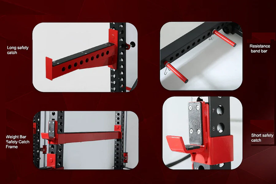 Power rack safety features including long safety catch, resistance band bar, weight bar safety catch frame, and short safety 