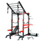 Black and red multi-functional squat rack and weight cage combo with adjustable bar positions, weight plates holders, and ben