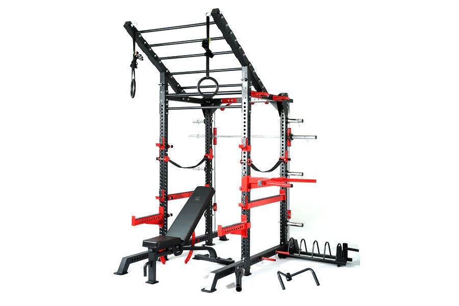 Black and red multi-functional squat rack and weight cage combo with adjustable bar positions, weight plates holders, and ben
