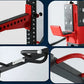Red and black metal weight rack system with adjustable arms, numbered slots, safety handles, and mounting hardware for home g