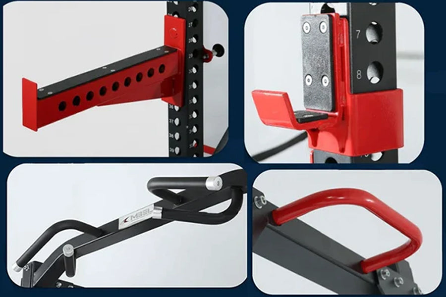 Red and black metal weight rack system with adjustable arms, numbered slots, safety handles, and mounting hardware for home g