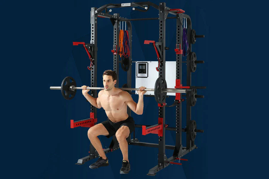 Shirtless man performing barbell squat in black and red cage rig system with weight plates on dark blue background