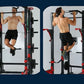 Shirtless man demonstrating pull-up and chin-up exercises on black and red multi-function cage rig with weight plates