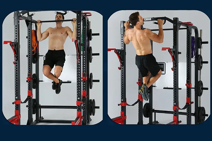 Shirtless man demonstrating pull-up and chin-up exercises on black and red multi-function cage rig with weight plates
