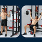 Warrior Cage/Rig Combo home gym with red and black frame, adjustable squat rack, and barbell, shown by shirtless male model d
