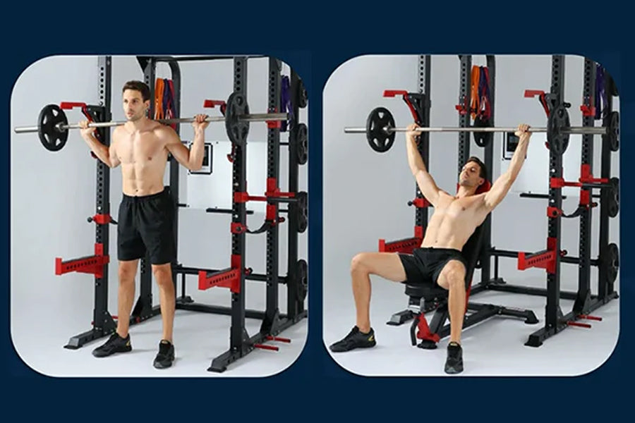 Warrior Cage/Rig Combo home gym with red and black frame, adjustable squat rack, and barbell, shown by shirtless male model d