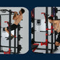 Black and red multi-function smith machine cage with power rack, shown with male model performing pull-up and squat exercises