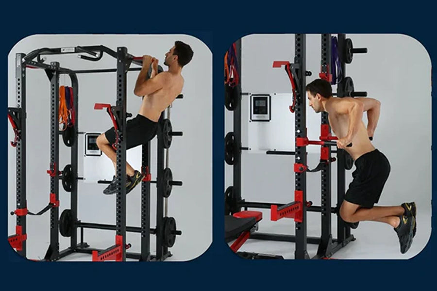 Black and red multi-function smith machine cage with power rack, shown with male model performing pull-up and squat exercises