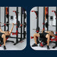 Man performing bench press exercise on red and black weight rack with barbell, demonstrating two positions of movement on War
