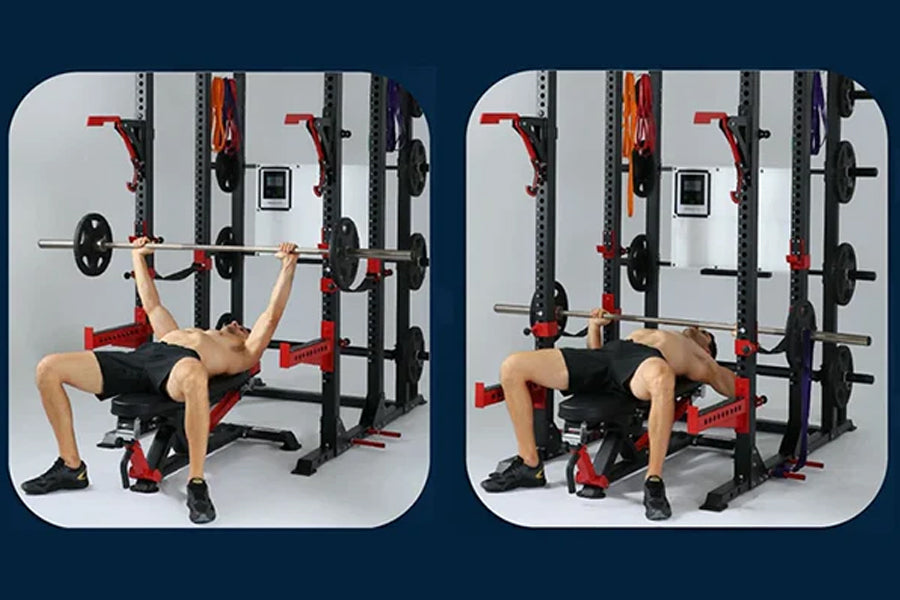 Man performing bench press exercise on red and black weight rack with barbell, demonstrating two positions of movement on War