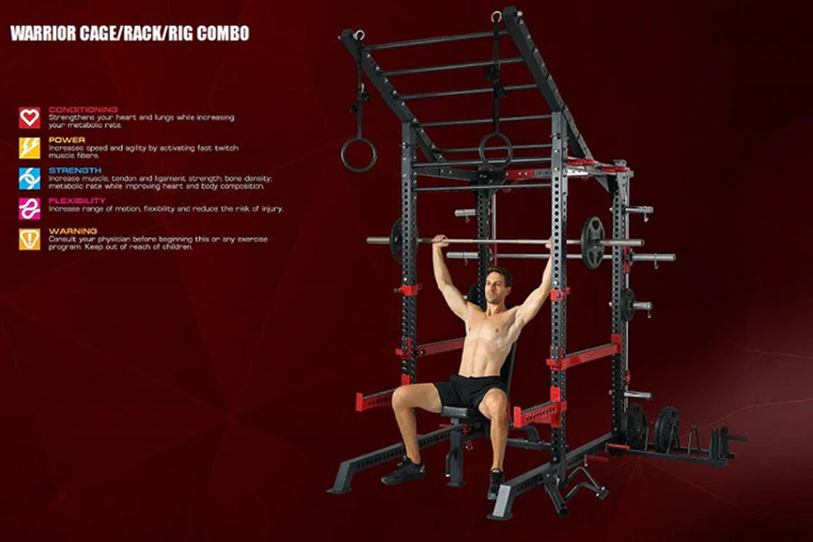 Black and red metal squat rack cage with pull-up bar, weight plate pegs, and adjustable bench, shown with shirtless male mode