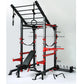 Black and red metal squat rack cage with multi-grip pull-up bar, weight plate storage, bench seat, and accessories on white b