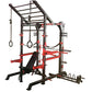Black and red steel power cage with integrated bench, pull-up bars, and weight plate storage on white background