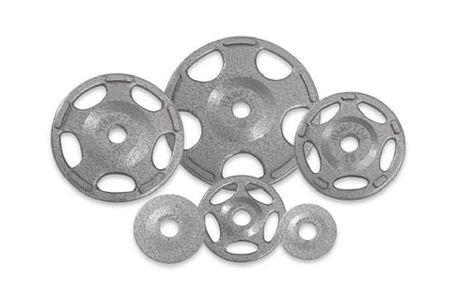 Cast iron Olympic grip plates in varying sizes arranged on white background, featuring gray textured finish and oval cutout h