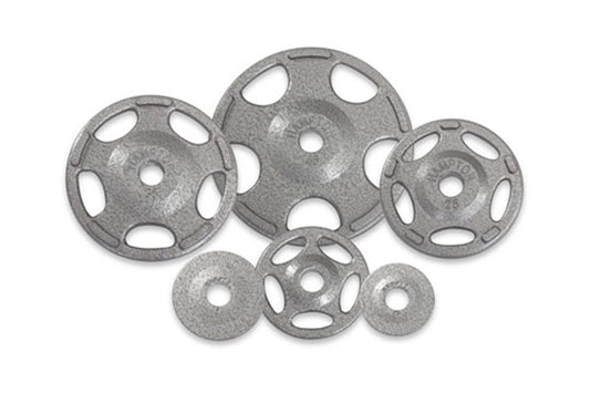 Cast iron Olympic grip plates in varying sizes arranged on white background, featuring gray textured finish and oval cutout h