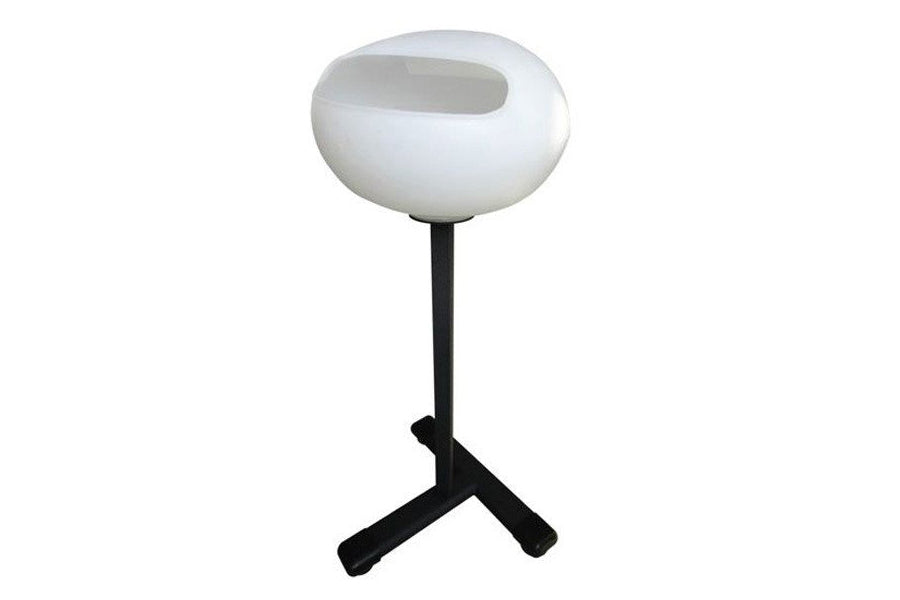 White rounded chalk box with slot opening and black tripod stand base on white background