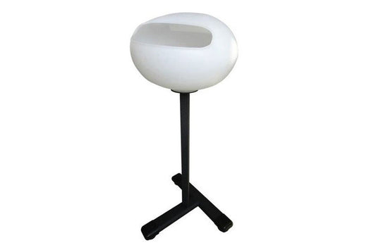 White rounded chalk box with slot opening and black tripod stand base on white background