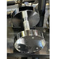 Pair of chrome dumbbells with polished steel finish and black grip handles, stacked vertically on black stand