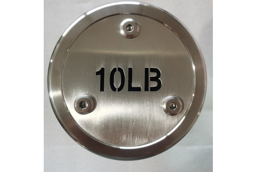 Stainless steel dumbbell weight plate marked 10LB with mounting holes, flat lay on white background