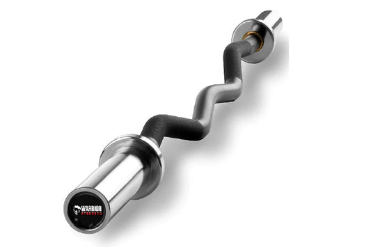 Warrior Chrome Olympic Curl Barbell with polished silver steel bar, wavy black grip sections, and rotating chrome sleeves on 