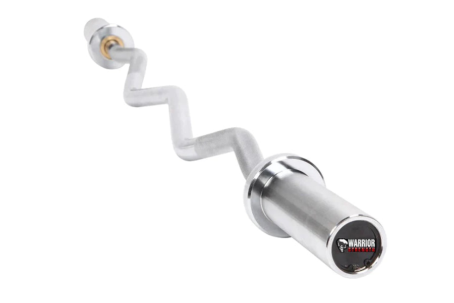 Warrior Chrome Olympic Curl Barbell with white curved bar and chrome sleeve, displayed on white background