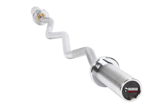 Warrior Chrome Olympic Curl Barbell with white curved bar and chrome sleeve, displayed on white background