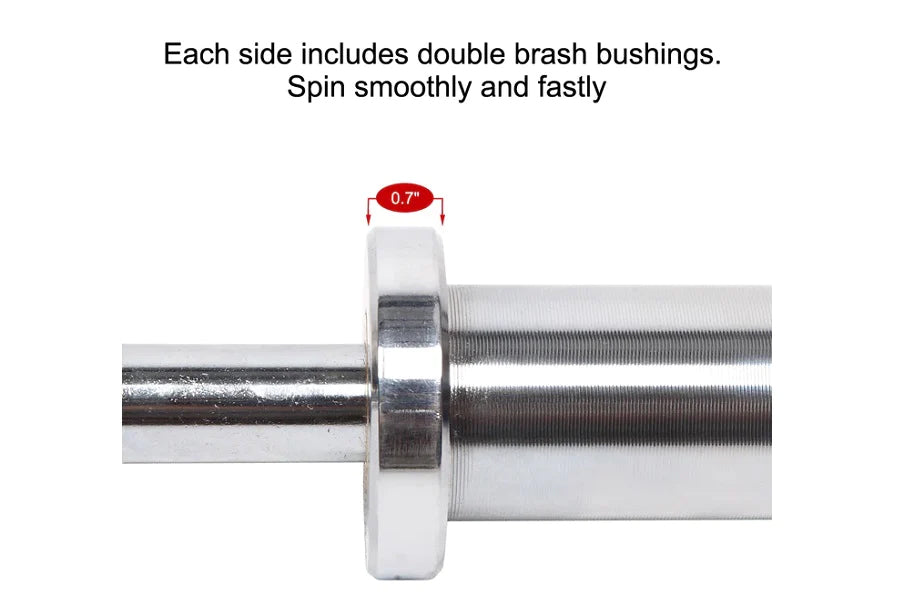 Chrome and white Olympic curl barbell axle with 0.7-inch diameter collar and double brush bushings, shown in close-up detail