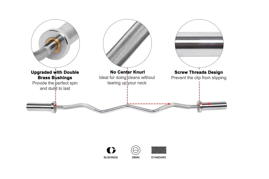 Warrior Chrome Olympic Curl Barbell with double brass bushings, textured center knurl, and screw thread design, shown with la