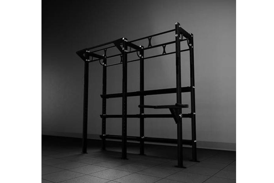 Black steel functional training rig with pull-up bars, weight plate storage, and adjustable chin-up station on gray backgroun