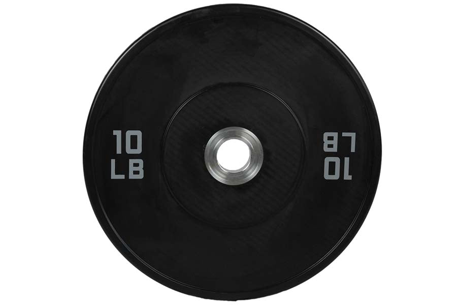 Black rubber bumper plate with 10 LB weight marking and silver center hub, viewed from front on white background