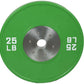 Green 25 lb urethane bumper plate with stainless steel center collar and white weight markings, flat lay on white background