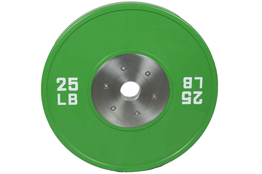 Green 25 lb urethane bumper plate with stainless steel center collar and white weight markings, flat lay on white background