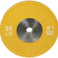 Yellow 35 lb urethane bumper plate with gray steel collar and weight markings, viewed from above on white background
