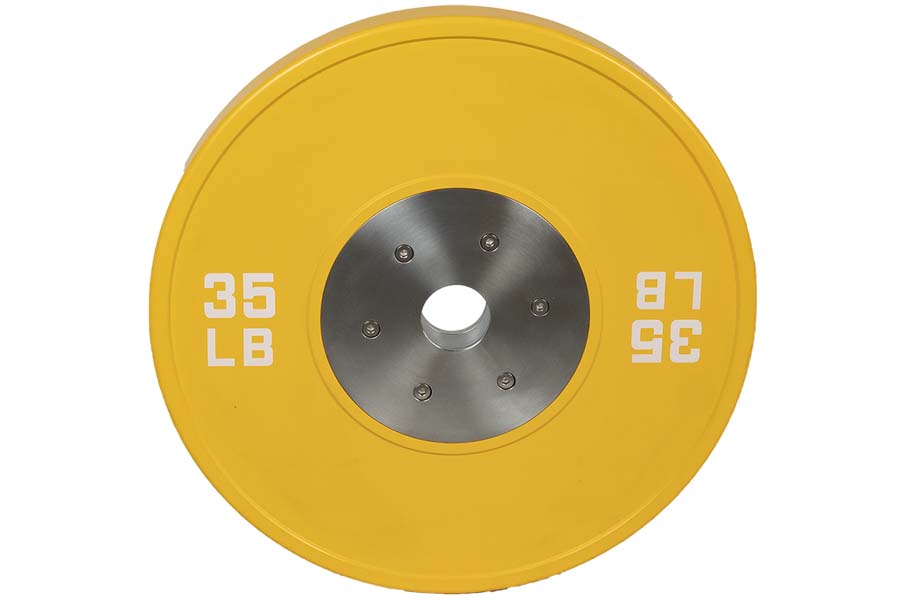 Yellow 35 lb urethane bumper plate with gray steel collar and weight markings, viewed from above on white background