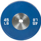 Blue 45 lb urethane bumper plate with stainless steel center collar, flat lay on white background