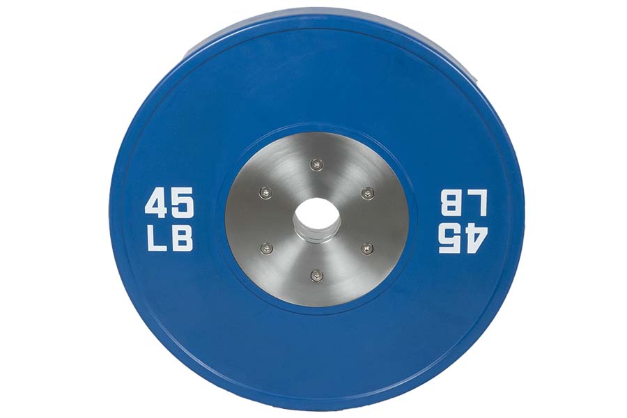 Blue 45 lb urethane bumper plate with stainless steel center collar, flat lay on white background